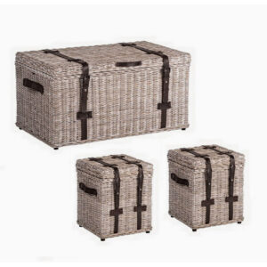 Set Of 3 Trunk Half Kubu Grey White Wash with Leather