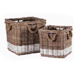 Set Of 2 Square Basket White Stripes Rope Handle