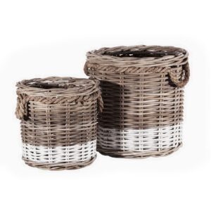 Set Of 2 Round  Basket White Stripes Rope Handle